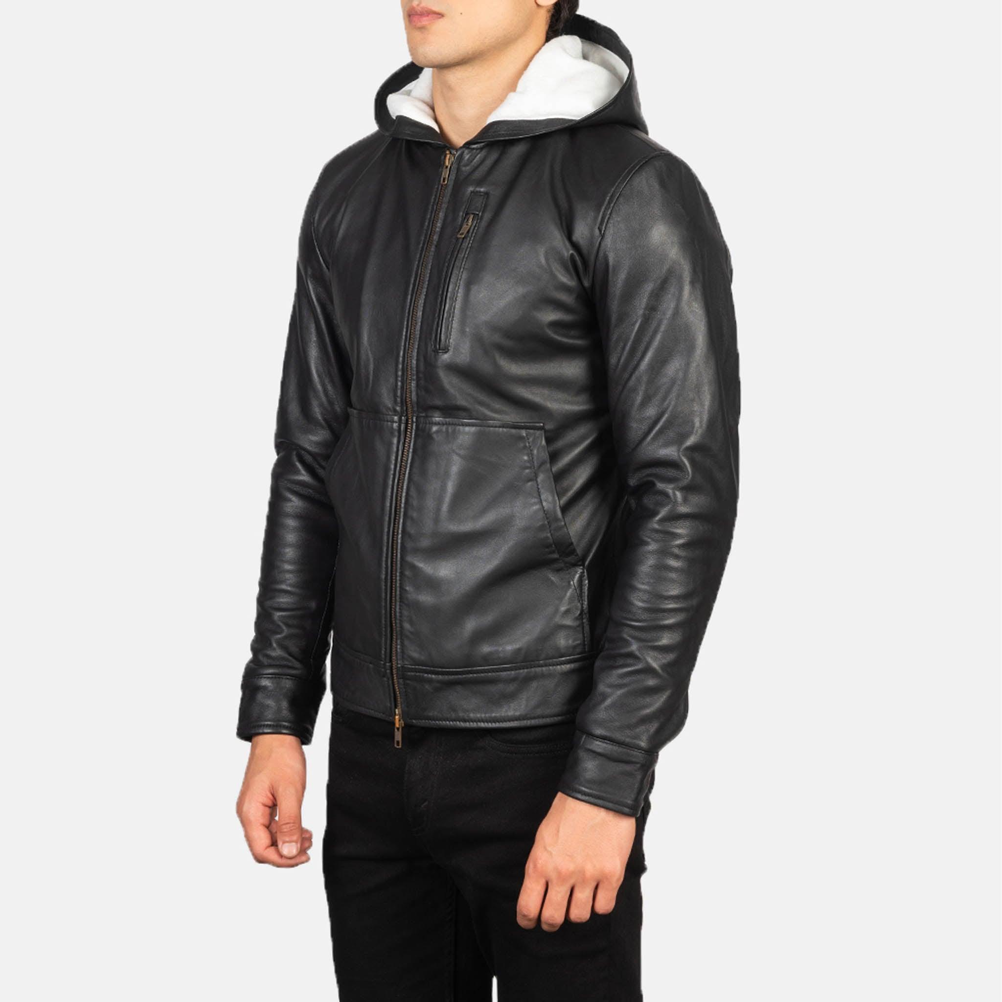 Men's Caston Black Leather Bomber Jacket with Hood – Classic Style