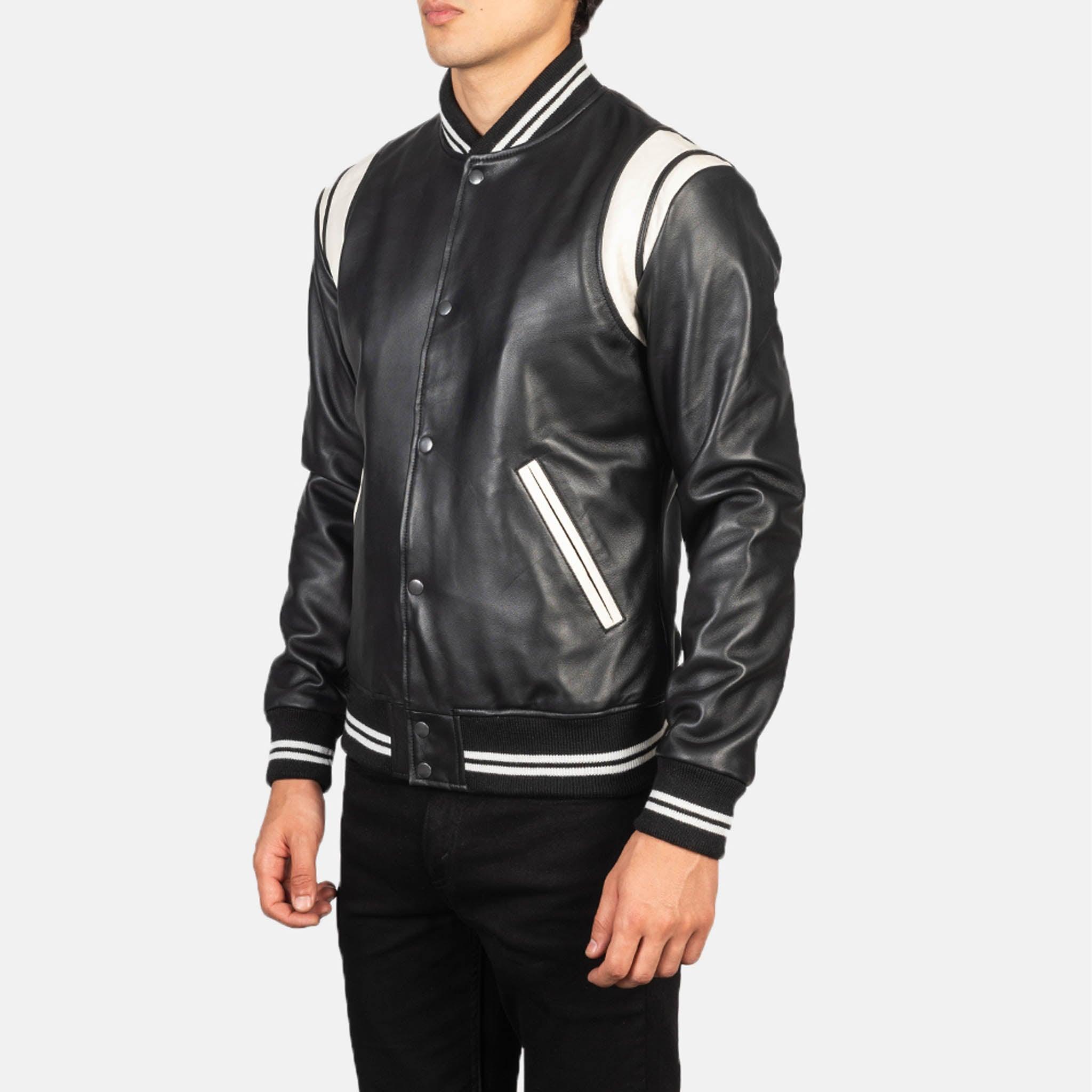 Damian Black Leather Varsity Jacket – Classic College Letterman Tailored Fit - leathergang.com