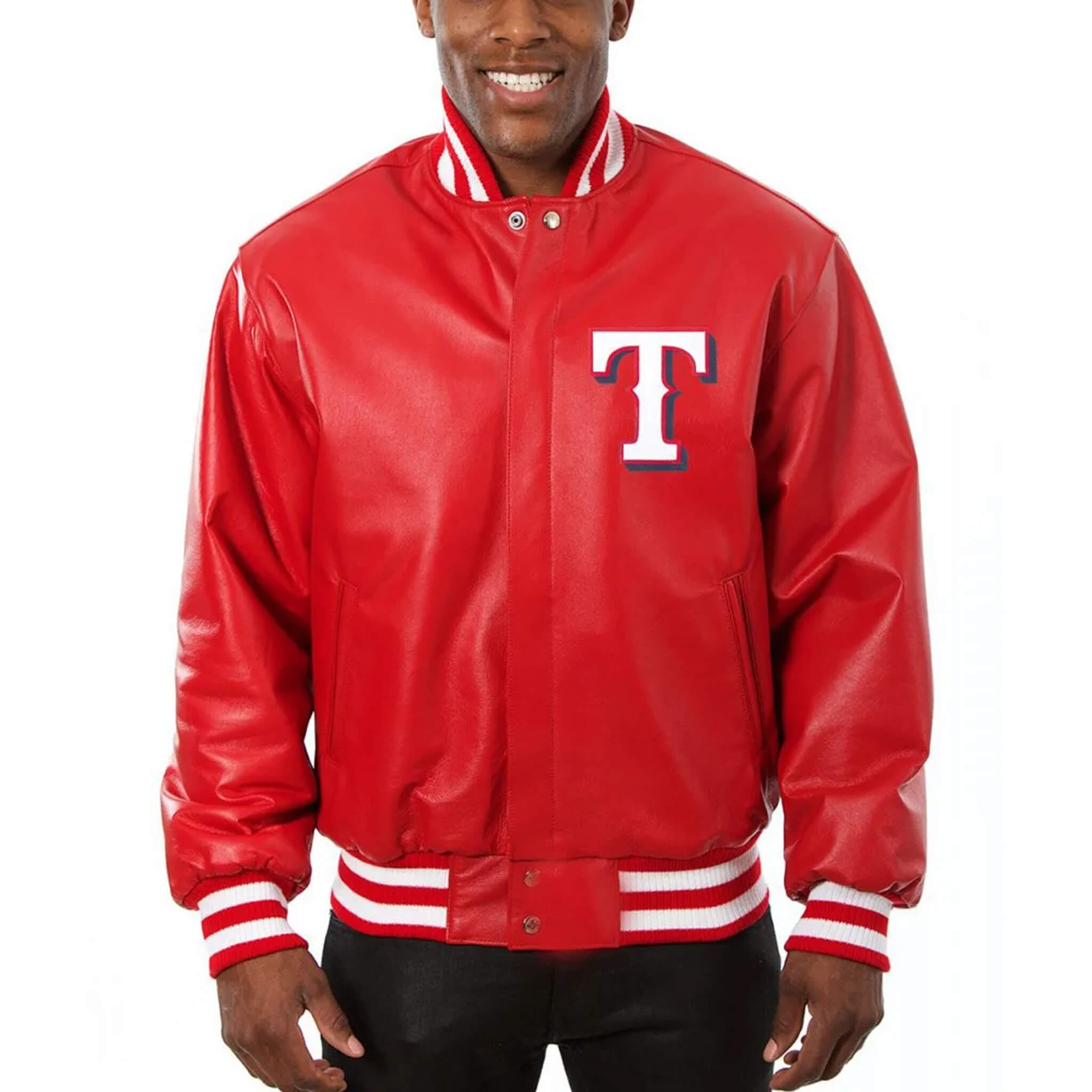 Texas Rangers Red Leather Letterman Jacket–MLB Varsity Style