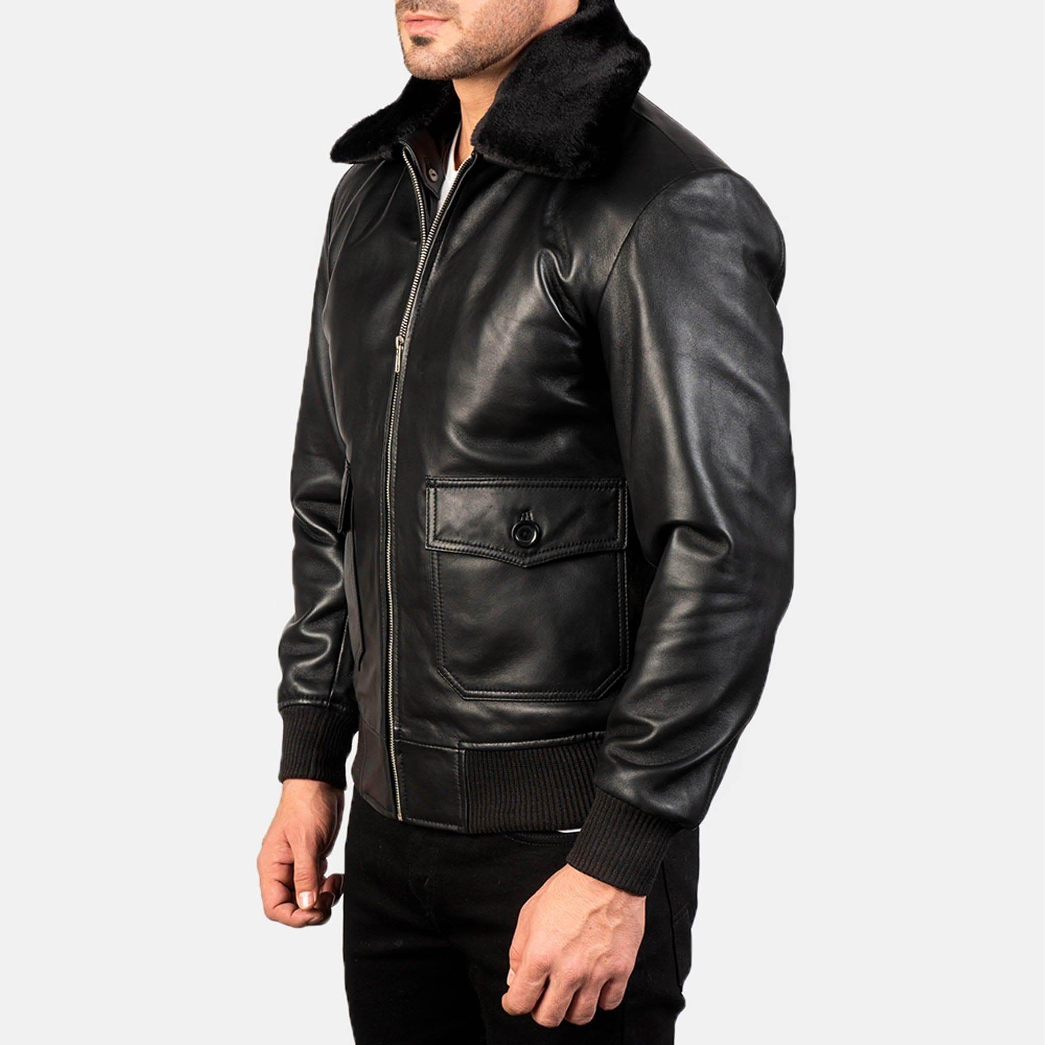 Aarin G-1 Black Leather Bomber Jacket – Shearling Fur Collar for Men - leathergang.com