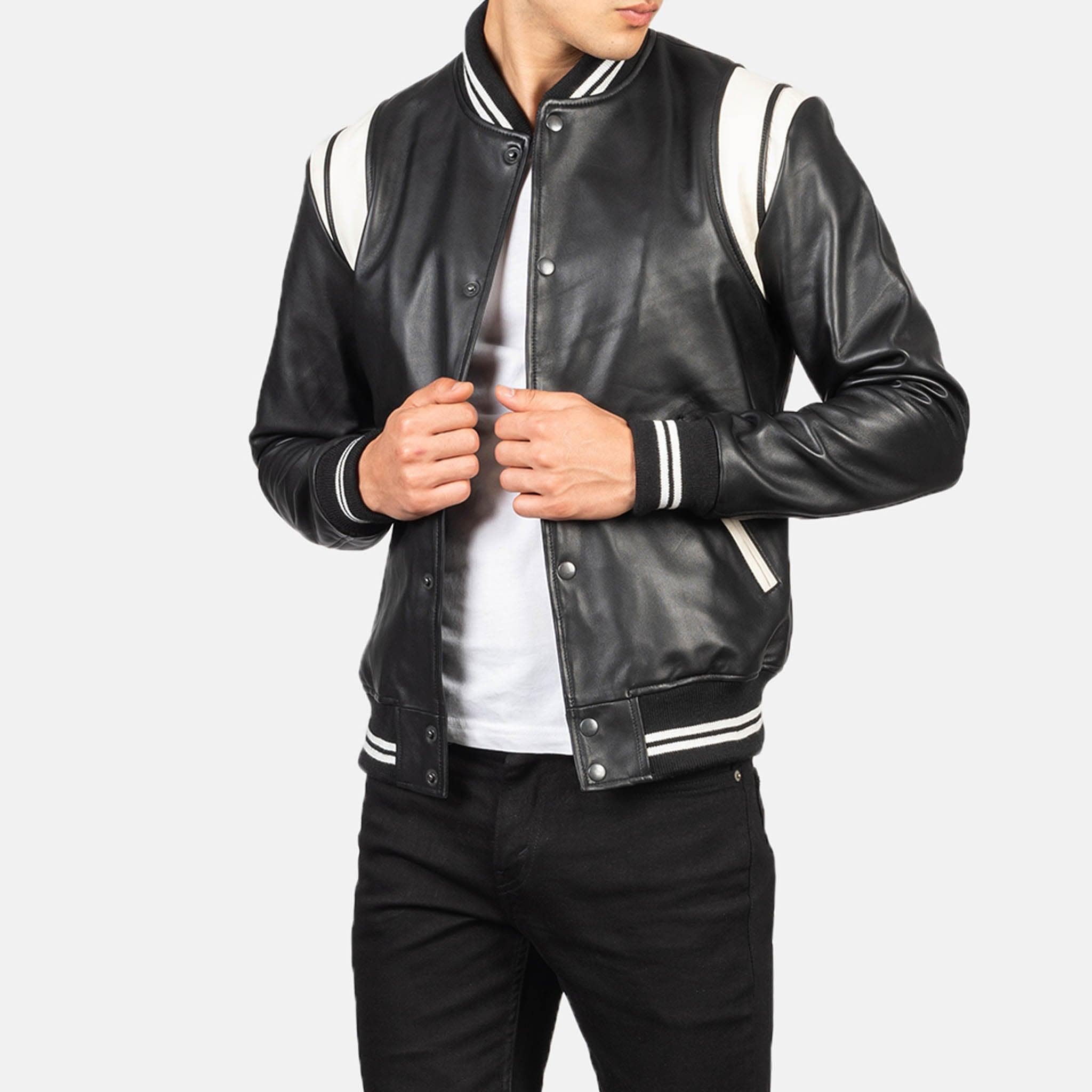 Damian Black Leather Varsity Jacket – Classic College Letterman Tailored Fit