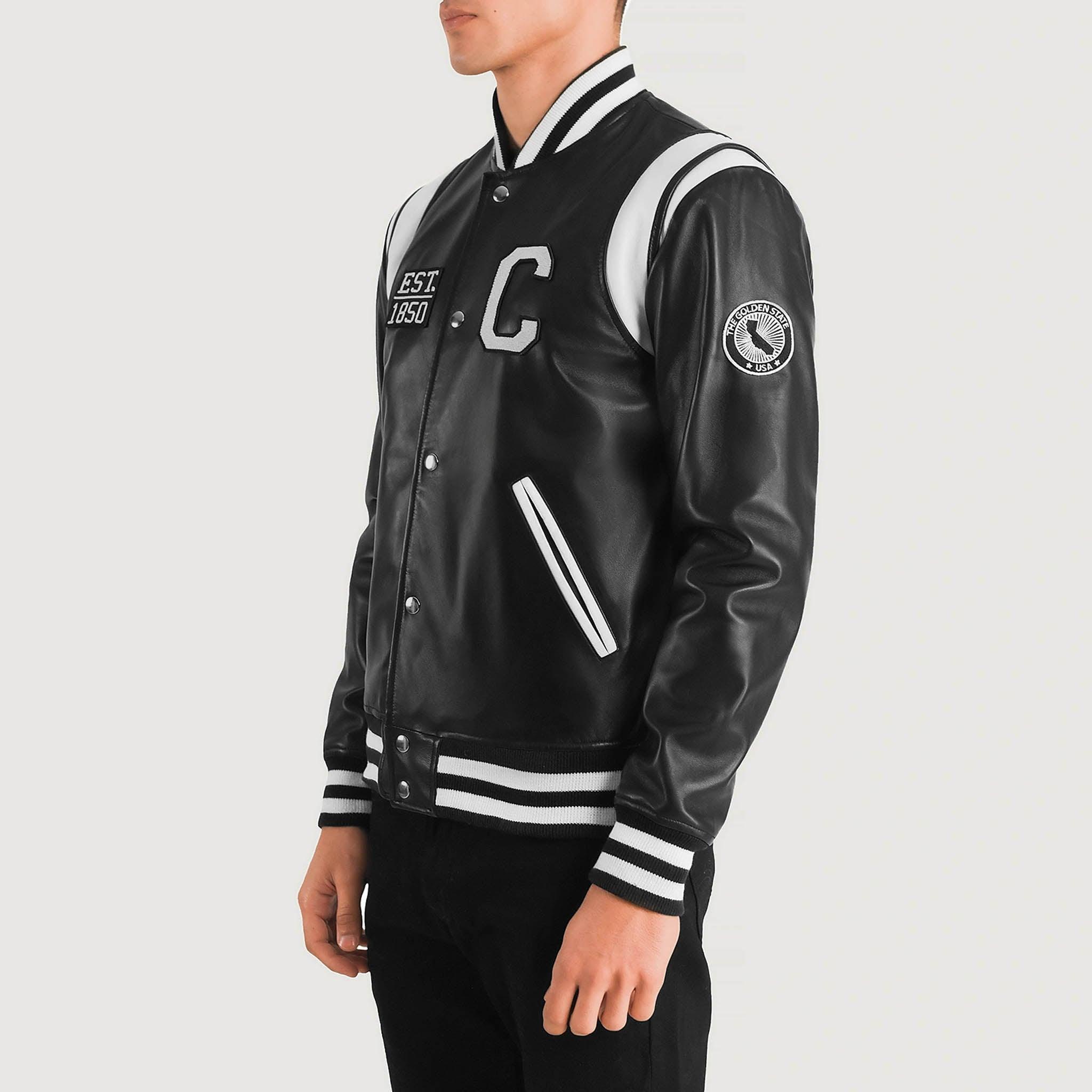 Hazel California Black Leather Varsity Jacket – College Letterman Baseball Style