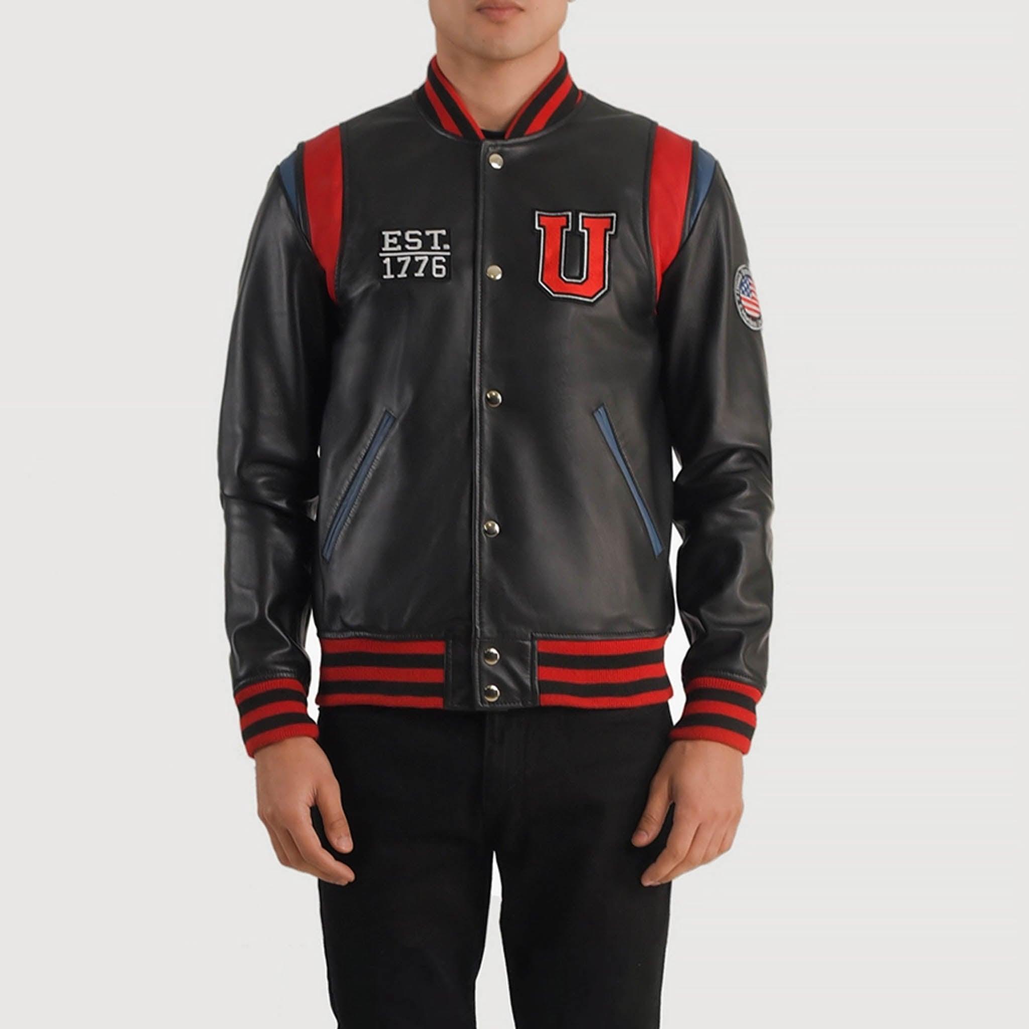 Hazel USA Black Leather Varsity Jacket – College Letterman Baseball Style