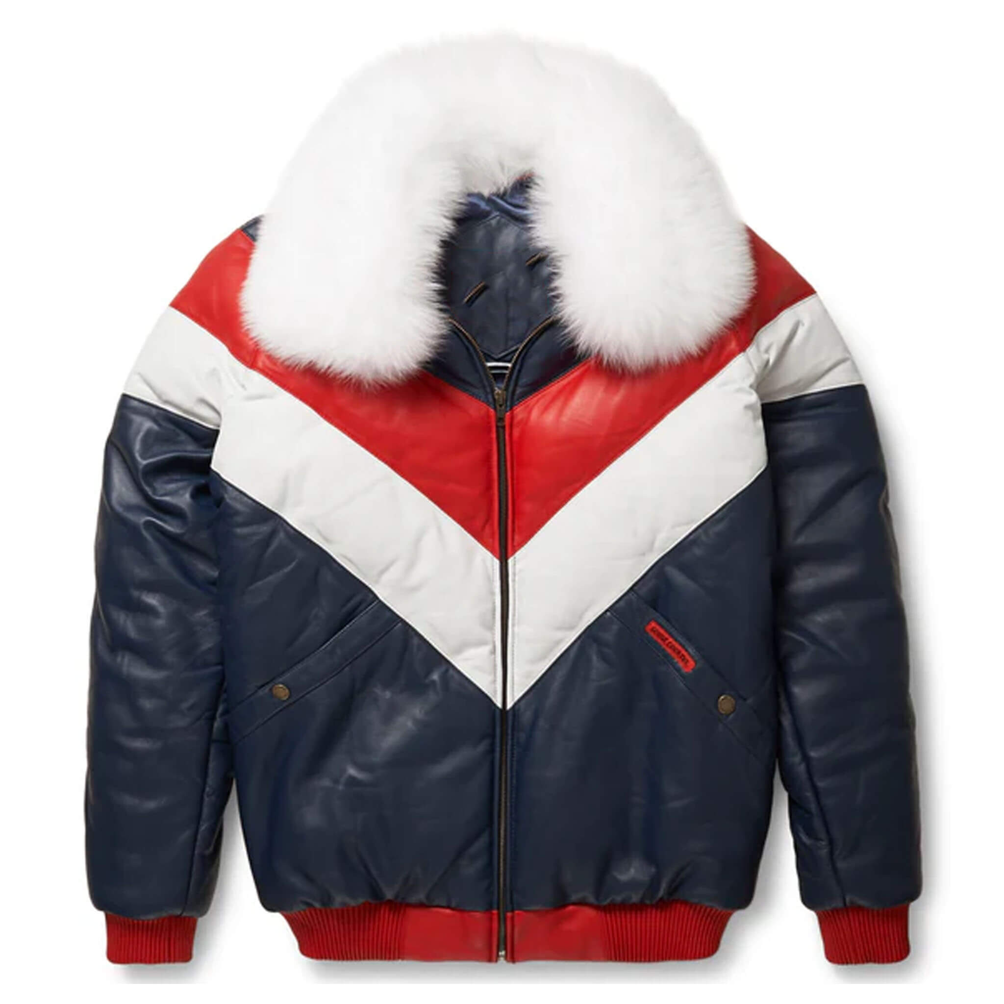 Unisex leather V-bomber jacket crafted from genuine leather with a sleek, modern design