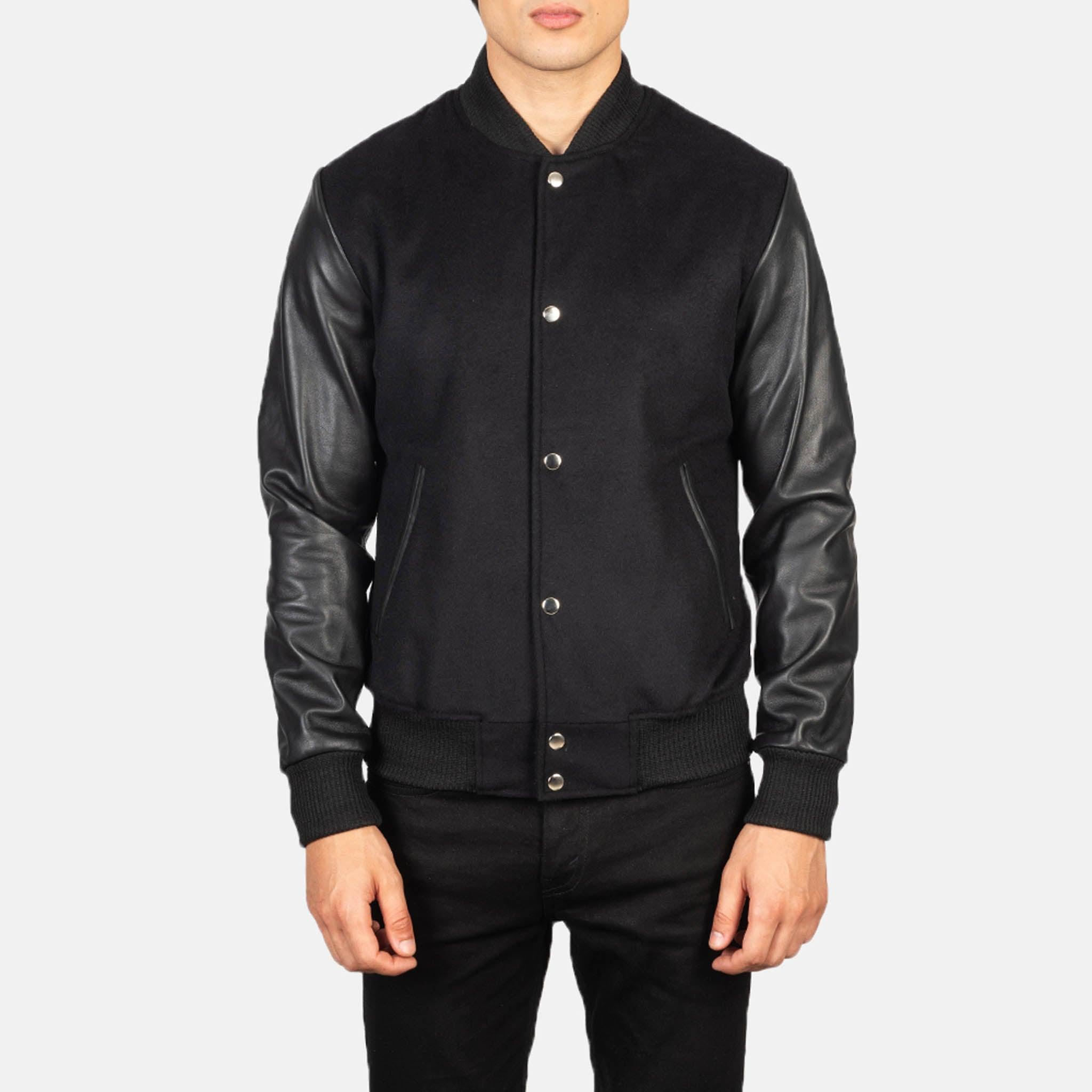 Baxton Hybrid Varsity Jacket – Black Wool & Leather Sleeves Striped Edition