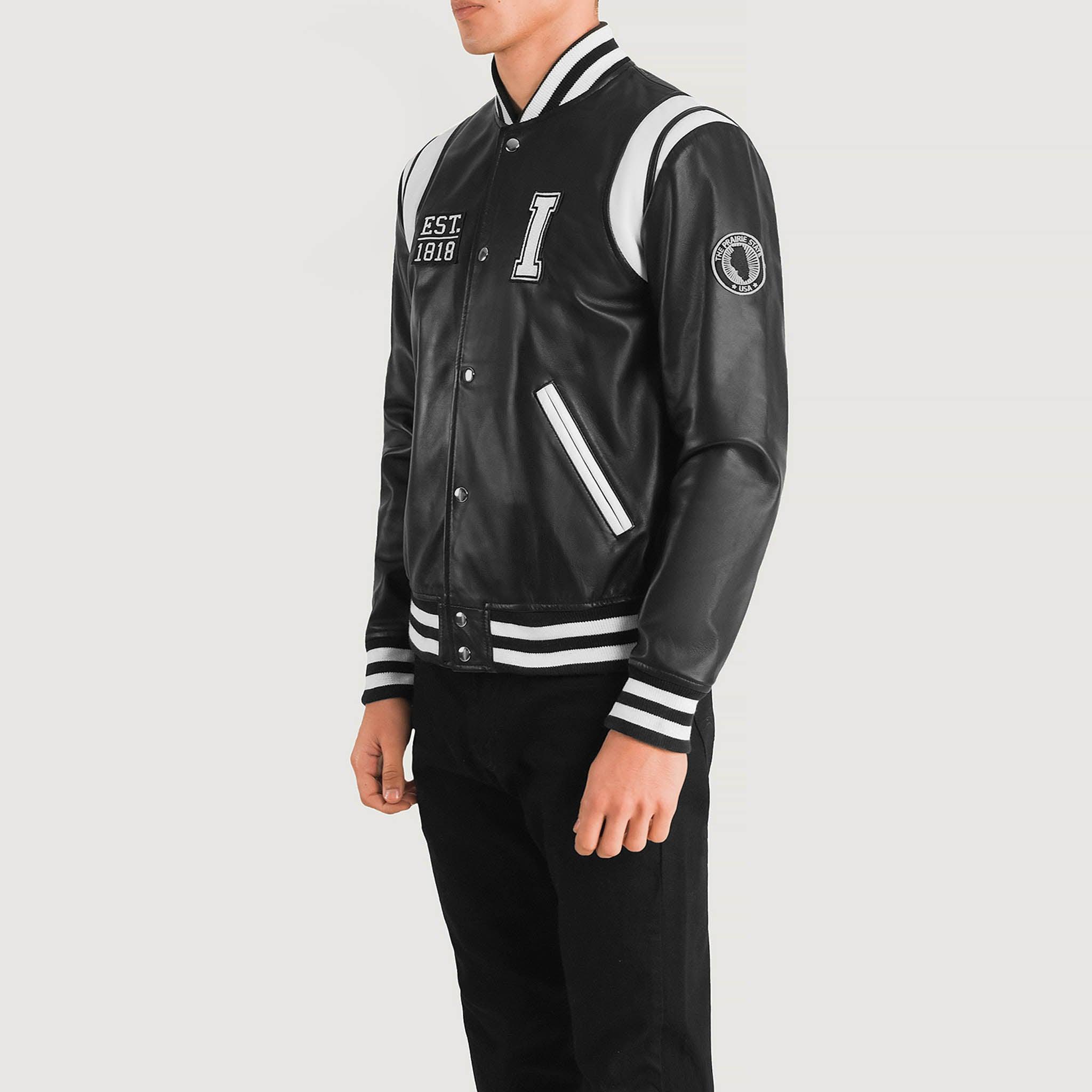 Hazel Illinois Black Leather Varsity Jacket – College Letterman Baseball Style