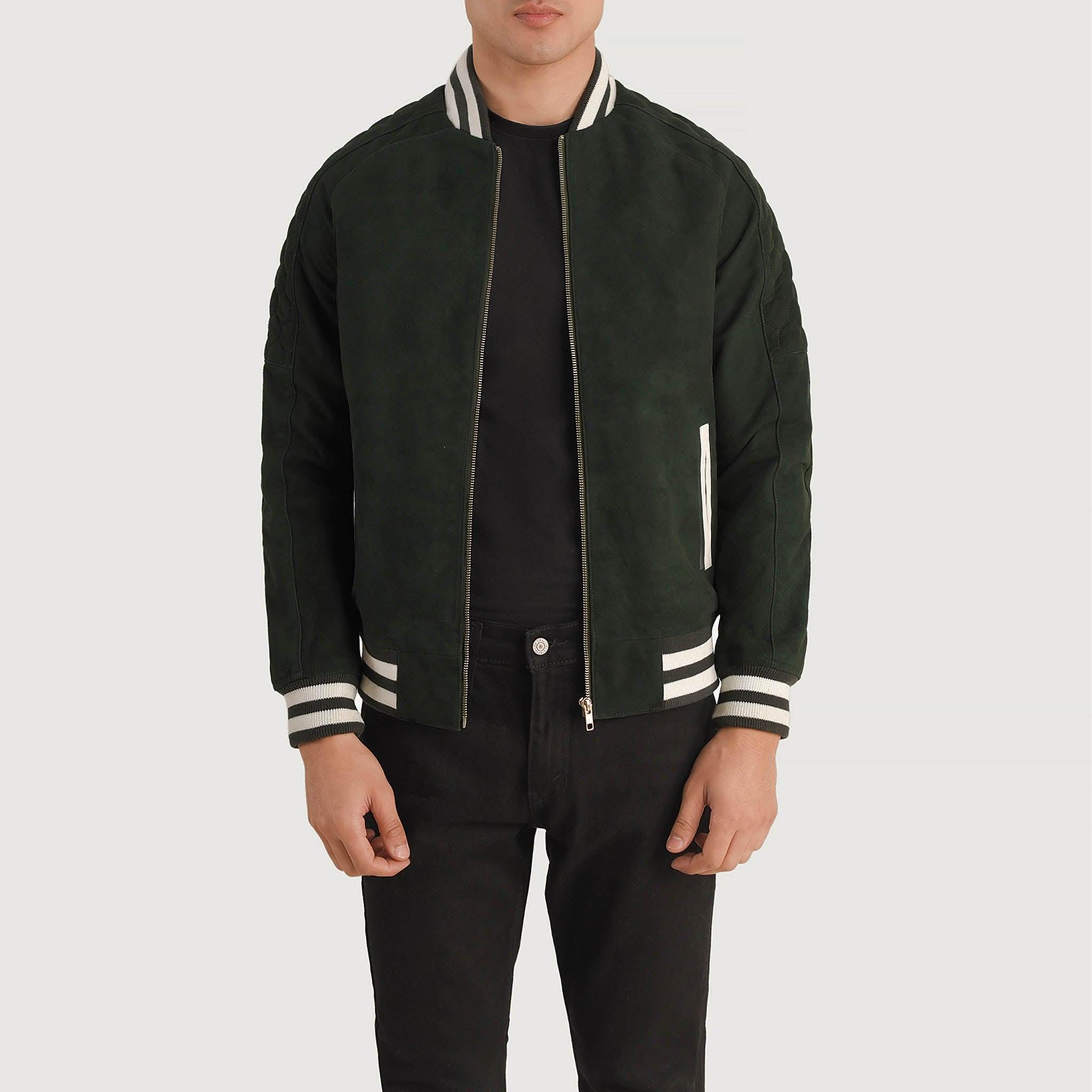 Felix Varsity Jacket in Genuine Green Suede Leather – Perfect for Custom Embroidery