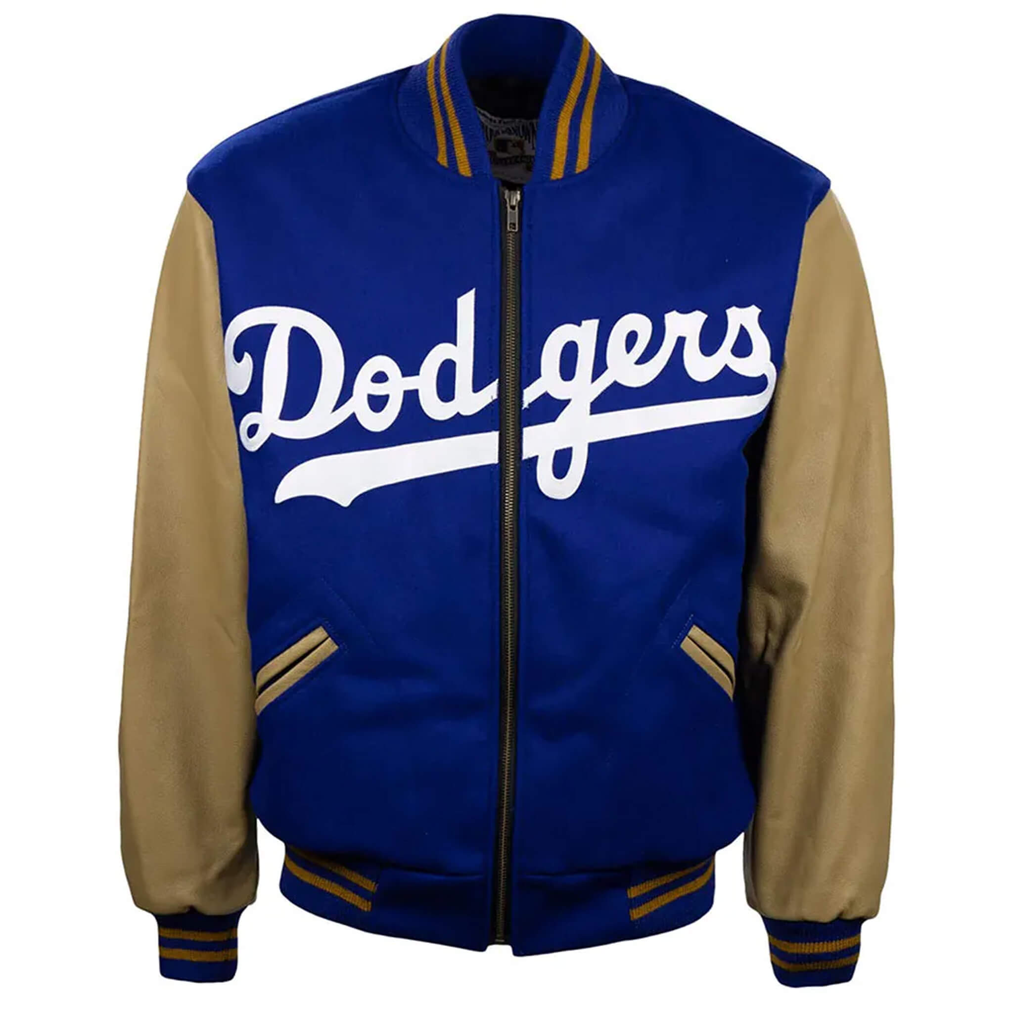 Vintage 1951 Brooklyn Dodgers varsity jacket in royal blue wool and leather sleeves