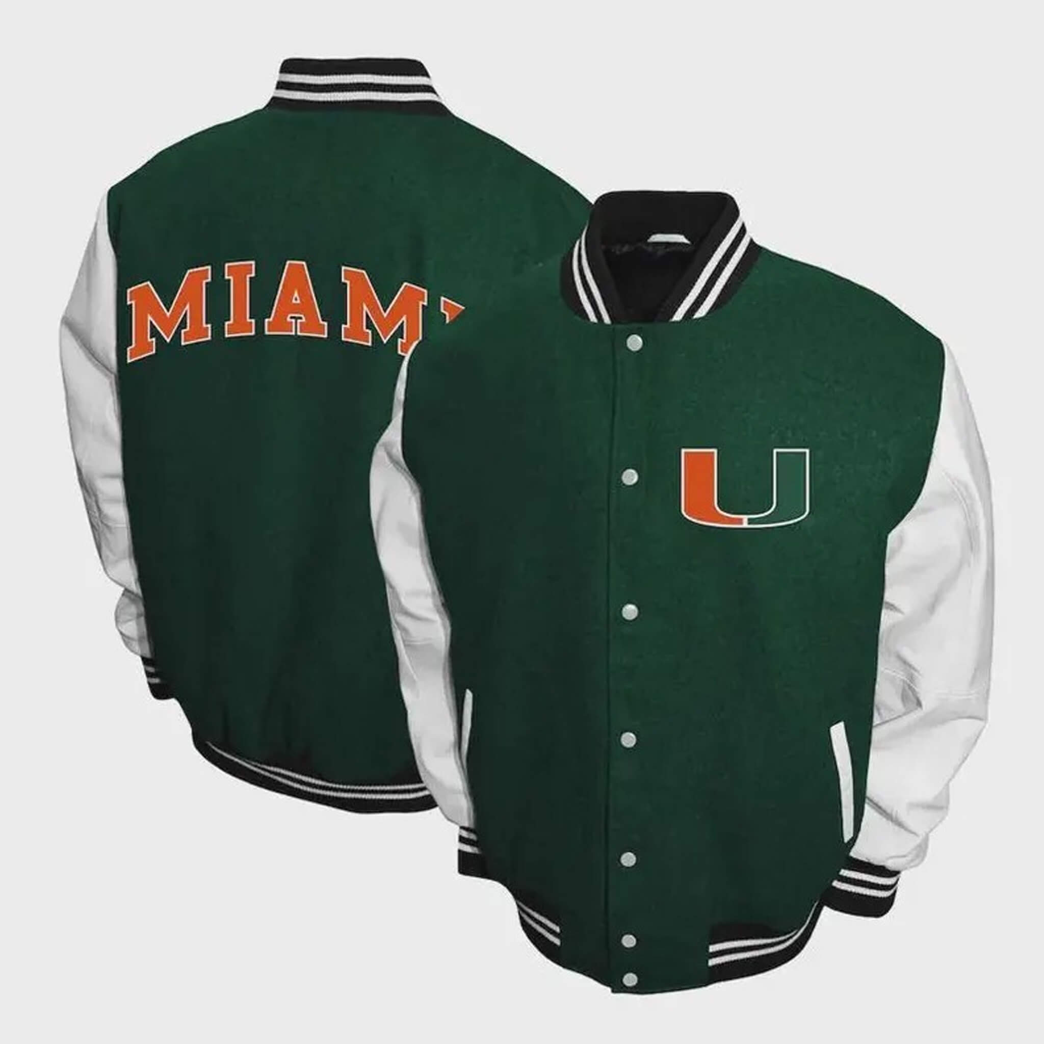 Vintage 90s Miami Hurricanes varsity jacket featuring green wool body, white leather sleeves, split U logo, and MIAMI lettering on the back.