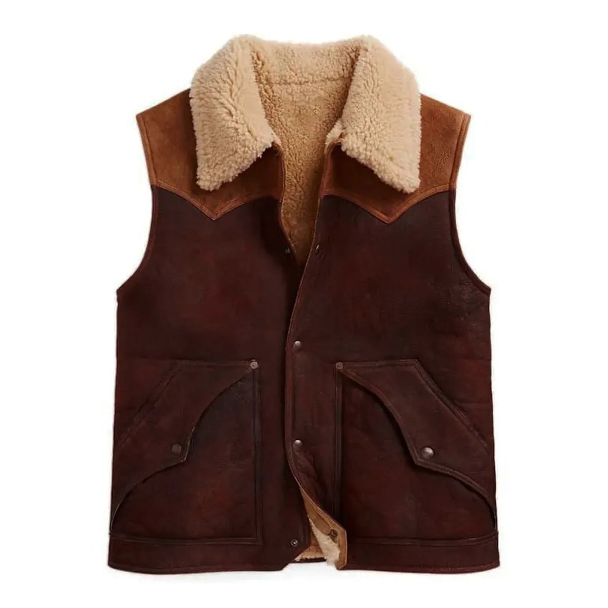 Brown Fur Leather Vest – Western Cowboy Style for Men