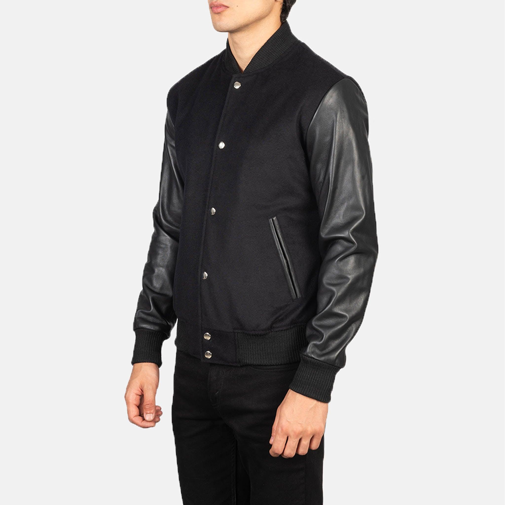 Baxton Hybrid Varsity Jacket – Black Wool & Leather Sleeves Striped Edition - leathergang.com