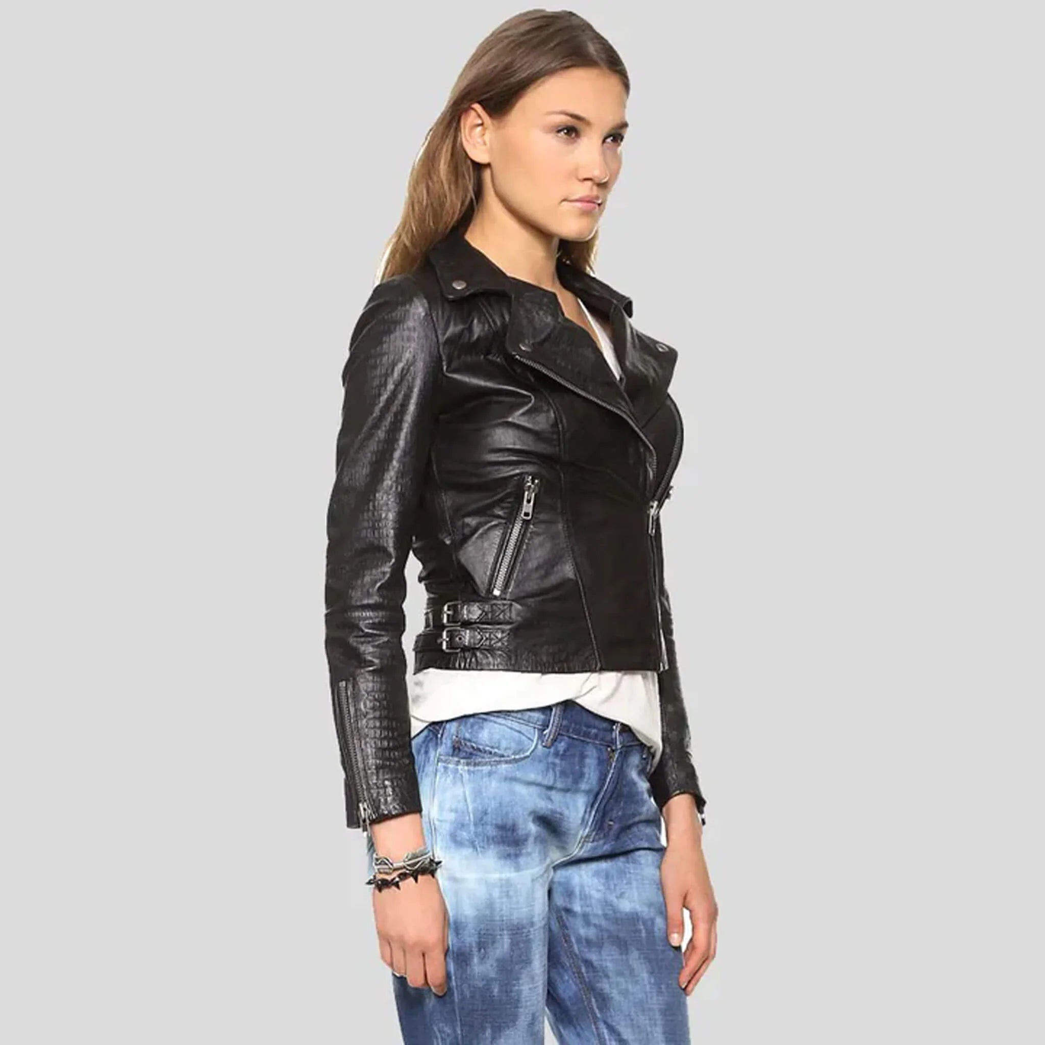 Zyra Croc-Textured Black Leather Moto Jacket
