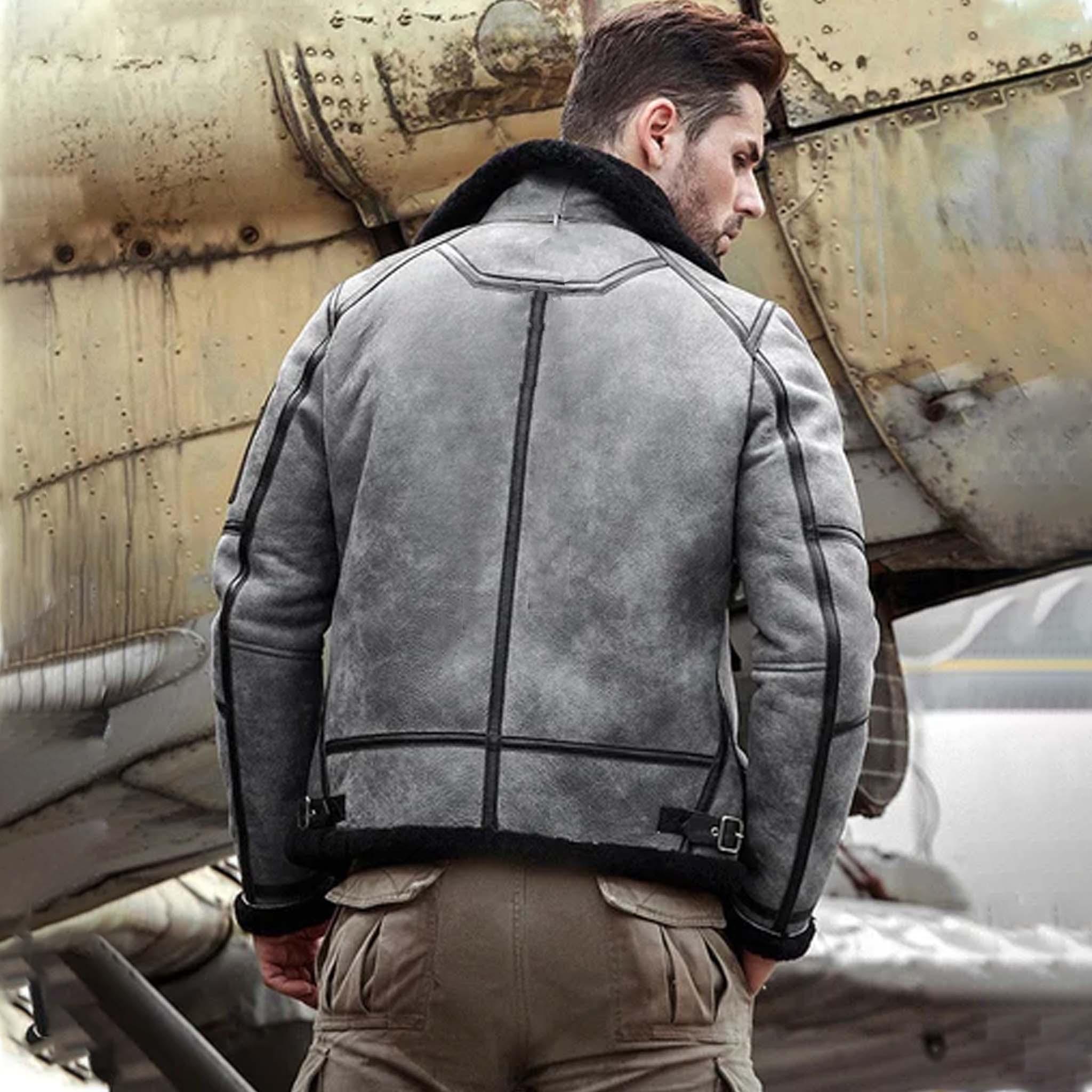 Zylo Men’s Shearling B3 Jacket - Distressed Grey Leather Bomber Biker Coat - leathergang.com