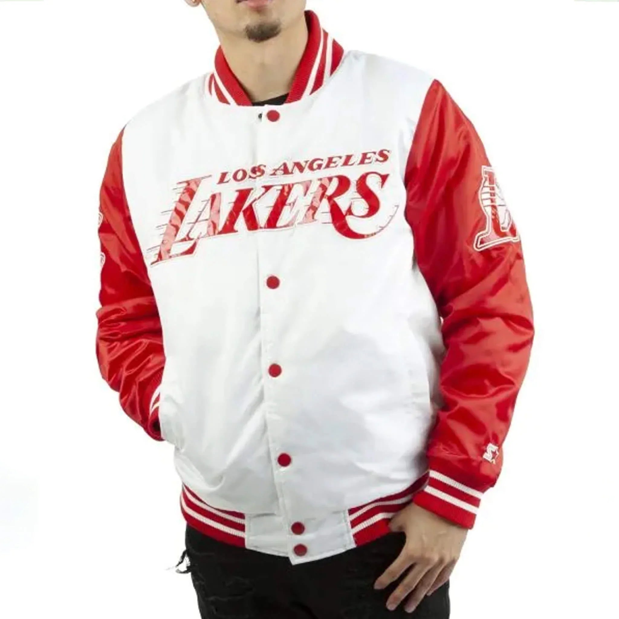 Men’s Lakers White Red Satin Jacket – Official NBA Gear