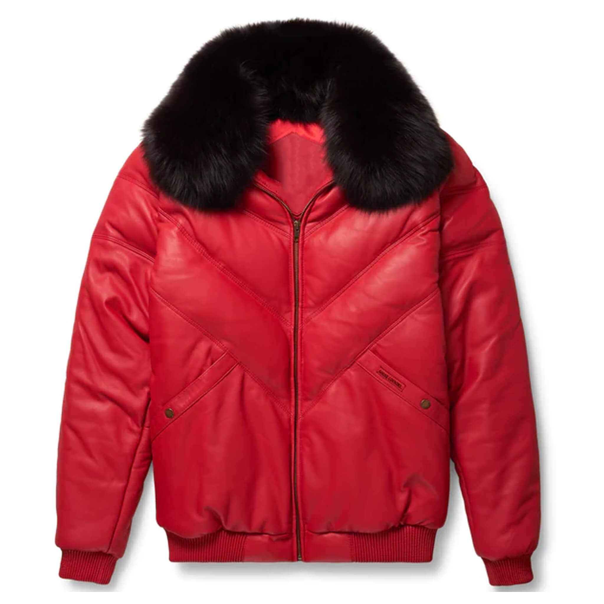 Men’s red leather V-bomber jacket made from premium lamb skin leather with chevron bubble design