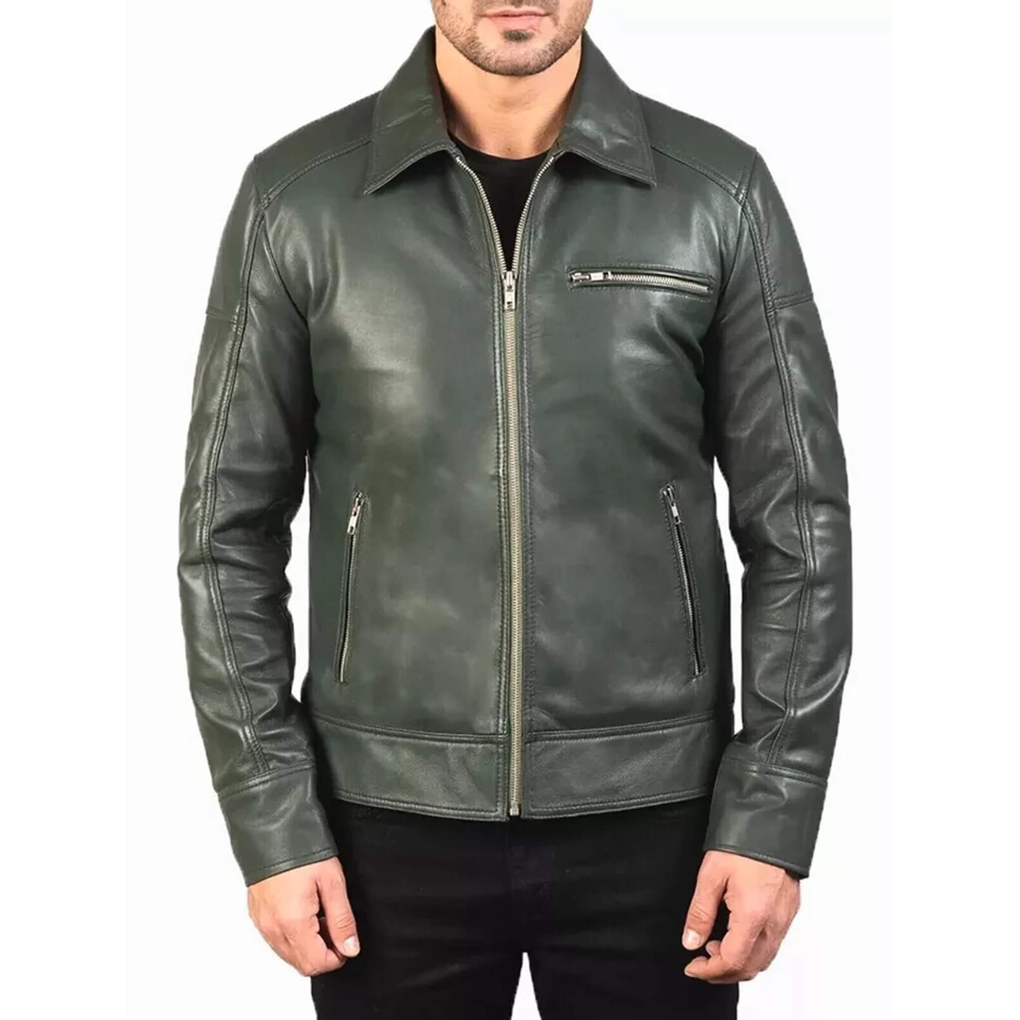 Men's Green Leather Cafe Racer Vintage Biker Jacket