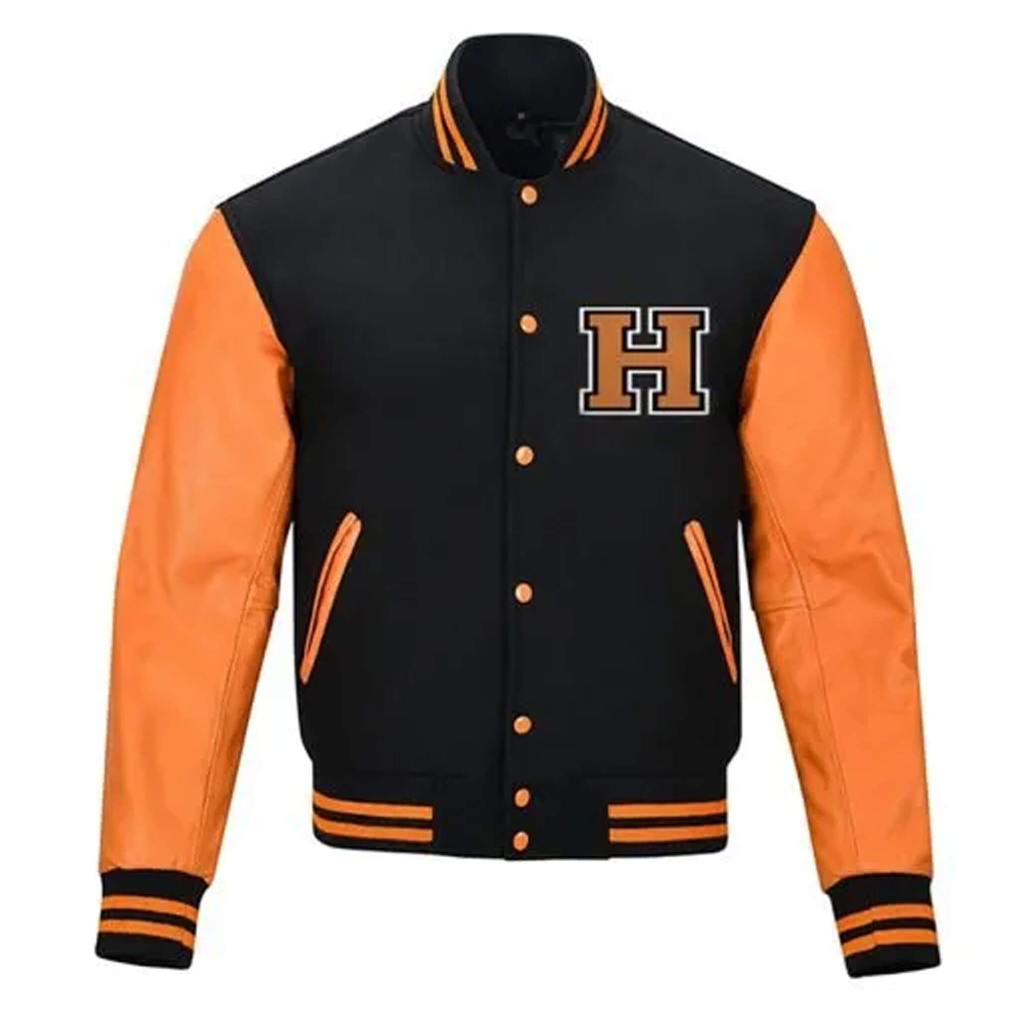 Pumpkin Themed Varsity Jacket for Halloween – Black & Orange