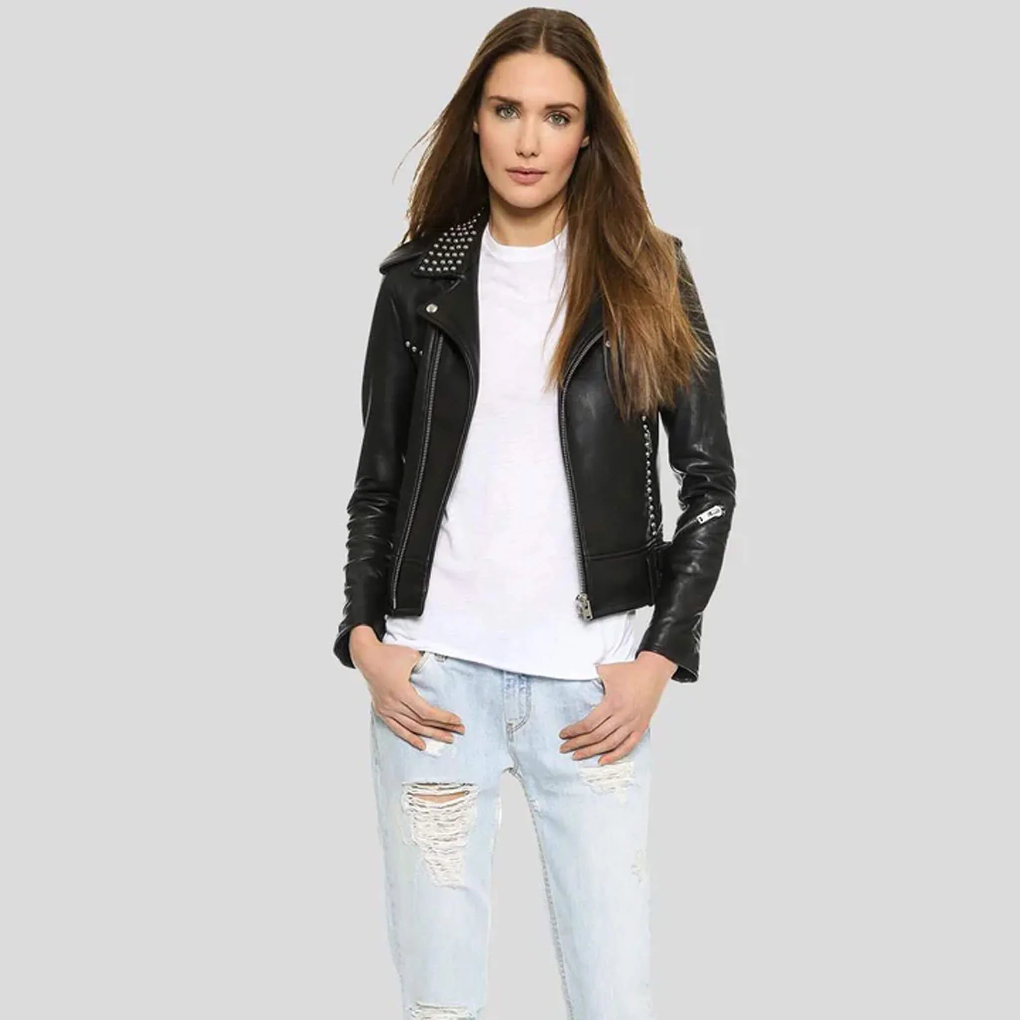 Rebelia Women’s Black Studded Lambskin Biker Jacket