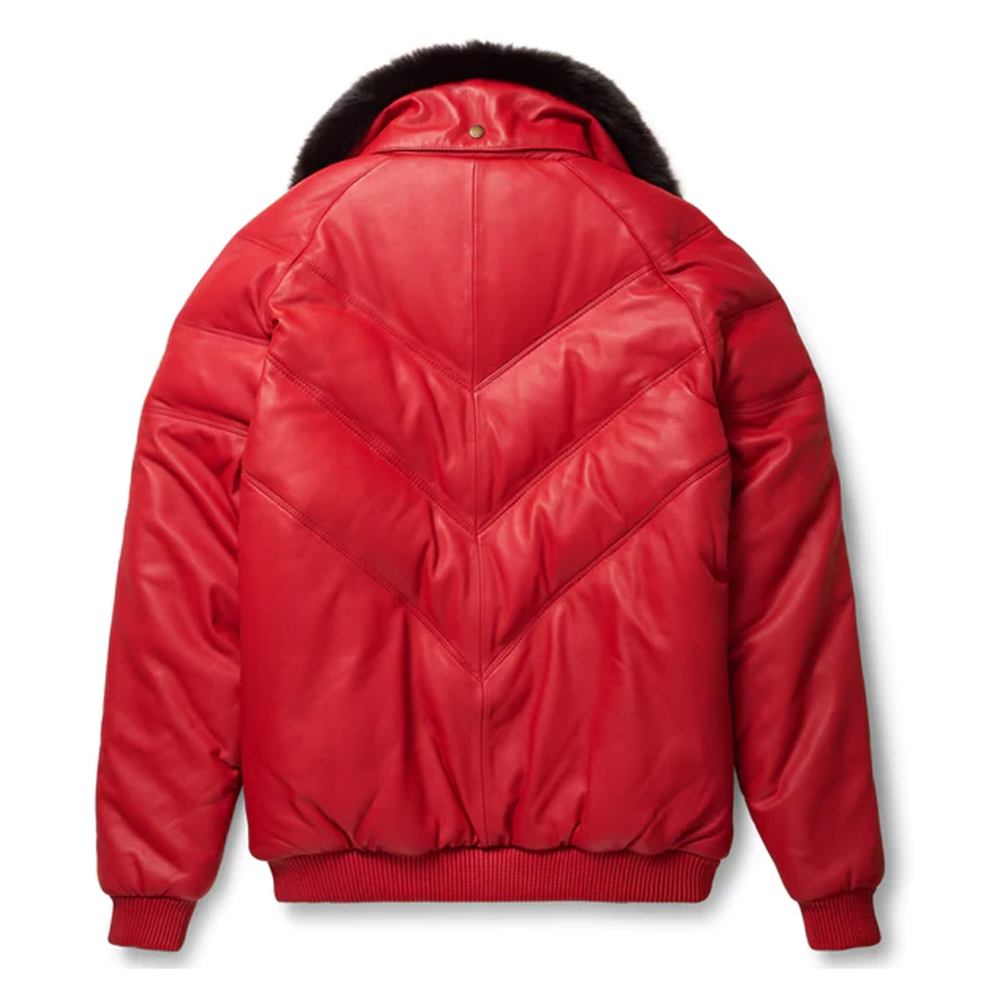 Red leather V-bomber jacket featuring a removable full fox fur collar for men